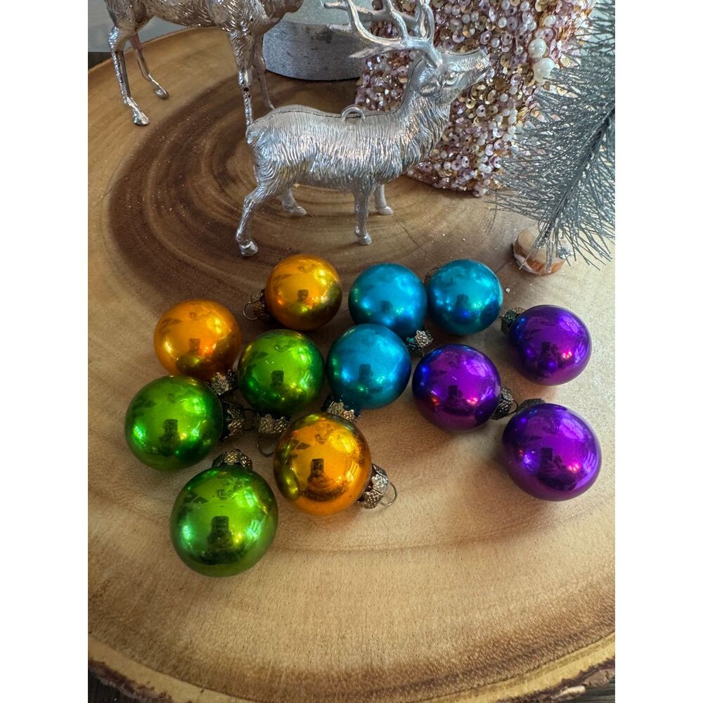 12 vintage Christmas ornaments, Christmas balls; multiple colors; feather tree
